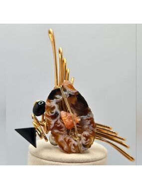 Black Brown Fish or Bird Statement Brooch Handmade Folk Art Gold Pin